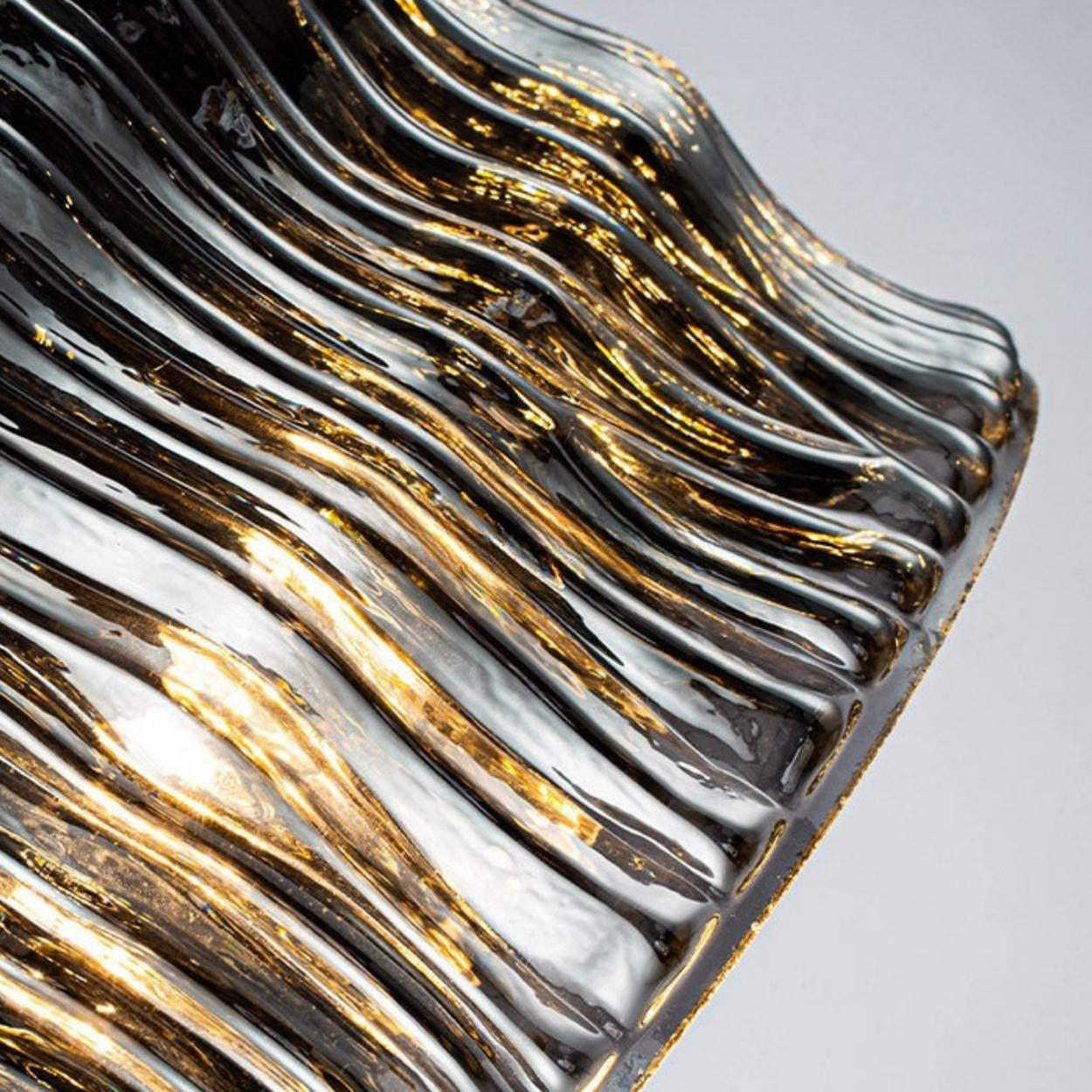 Close-up of a glass surface of a pendant lamp featuring wavy, curved ridges, with warm golden light reflecting off the grooves, creating a textured and abstract pattern against a neutral background.