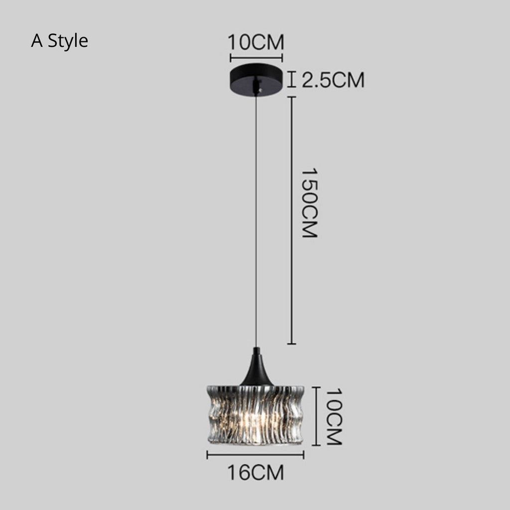 Pendant light fixture with a black cord and a wavy glass shade. Dimensions are labeled: ceiling mount diameter 10 cm, height 2.5 cm, cord length 150 cm, shade diameter 16 cm, and shade height 10 cm.