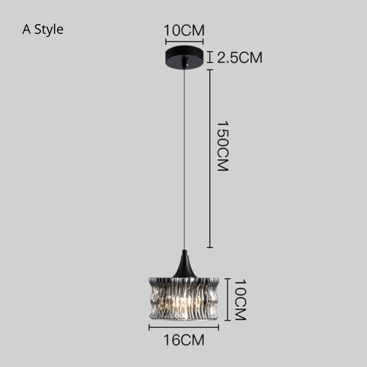 Pendant light fixture with a black cord and a wavy glass shade. Dimensions are labeled: ceiling mount diameter 10 cm, height 2.5 cm, cord length 150 cm, shade diameter 16 cm, and shade height 10 cm.