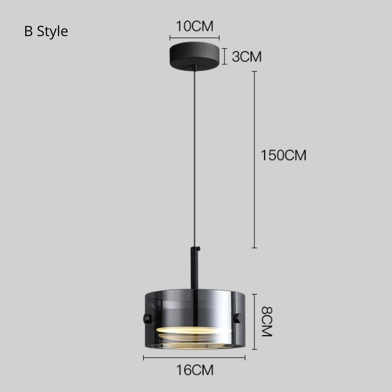 Modern pendant light with a cylindrical shade, hanging from a round ceiling mount. Dimensions are labeled: ceiling mount is 10cm wide and 3cm tall; shade is 16cm wide and 8cm tall; cable is 150cm long.