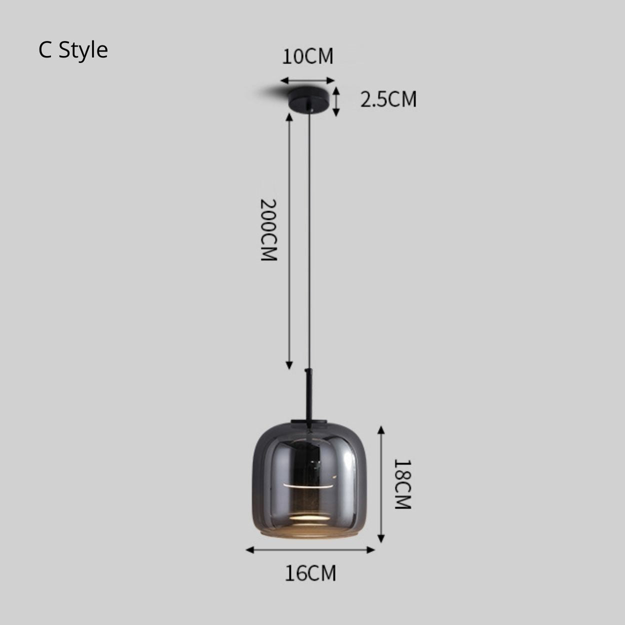 A hanging pendant light with a black cord, round ceiling mount (10cm diameter), glass shade (18cm height, 16cm diameter), and total length of 200cm; measurements are labeled on the image.
