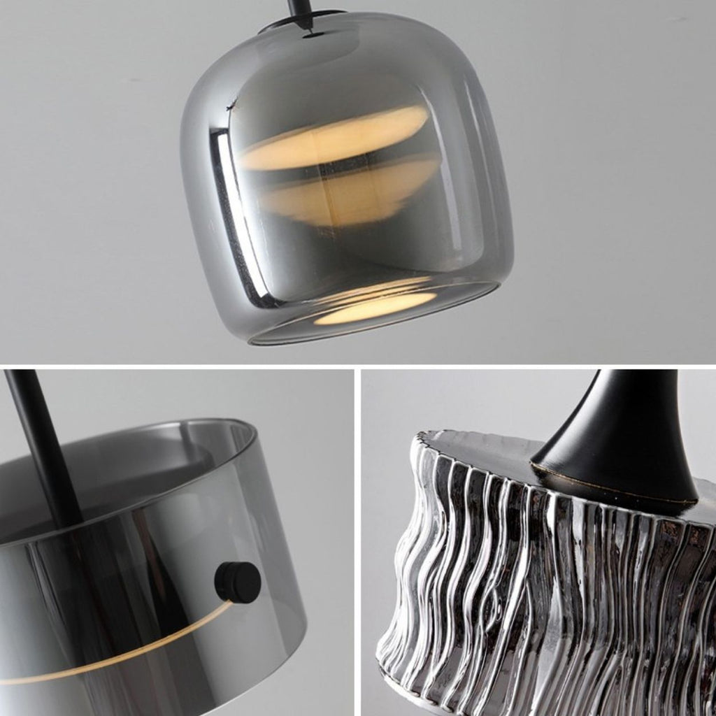A collage of three close-up photos shows modern metallic pendant lights with glossy, reflective silver finishes. The lights have smooth, curved, and textured surfaces, highlighting their sleek, contemporary design.