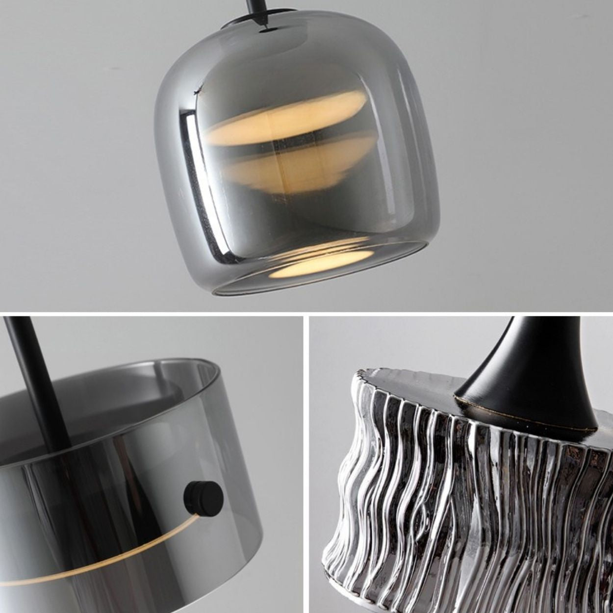 A collage of three close-up photos shows modern metallic pendant lights with glossy, reflective silver finishes. The lights have smooth, curved, and textured surfaces, highlighting their sleek, contemporary design.