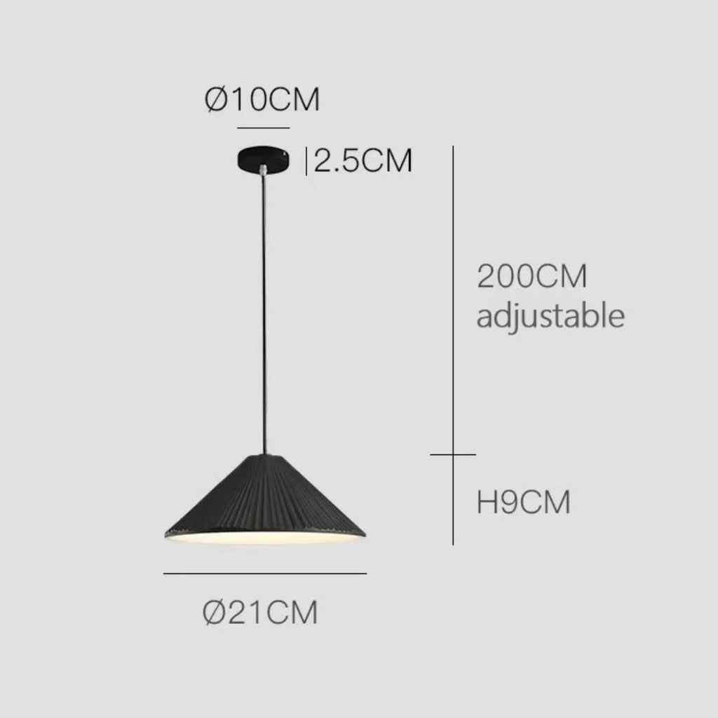 This black pendant light features a conical shade measuring 21 cm in diameter and 9 cm in height. The ceiling mount is 10 cm wide and 2.5 cm tall, with an adjustable hanging cord up to 200 cm for versatile pendant light placement.