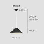 This black pendant light features a conical shade measuring 21 cm in diameter and 9 cm in height. The ceiling mount is 10 cm wide and 2.5 cm tall, with an adjustable hanging cord up to 200 cm for versatile pendant light placement.