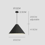This black pendant light features a sleek conical shade, measuring 32 cm wide and 18 cm high. It includes a 10 cm ceiling mount and a 200 cm adjustable cord, shown suspended against a plain gray background.
