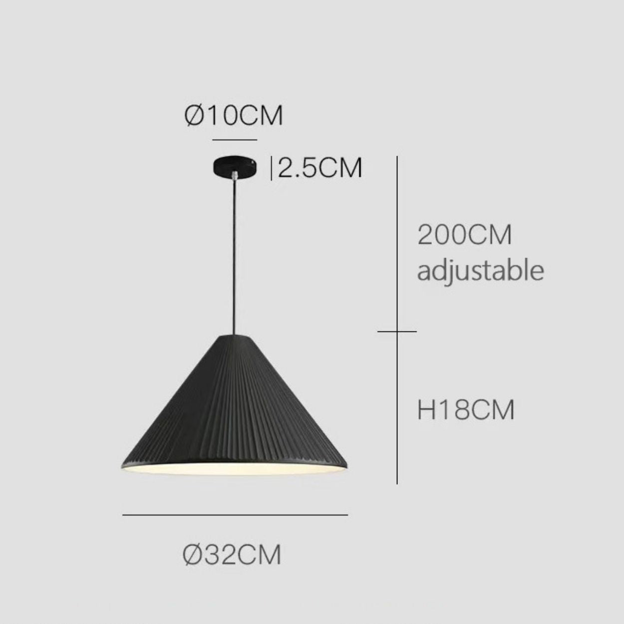 This black pendant light features a sleek conical shade, measuring 32 cm wide and 18 cm high. It includes a 10 cm ceiling mount and a 200 cm adjustable cord, shown suspended against a plain gray background.