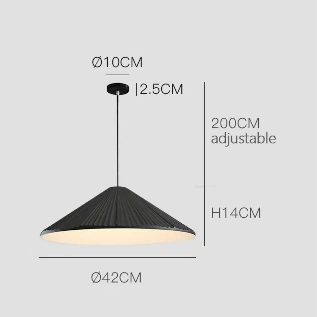 Diagram of a black pendant light with measurements: 10cm ceiling mount diameter, 2.5cm thickness, lampshade 42cm diameter, 14cm height, and an adjustable 200cm hanging cord.
