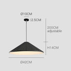 Diagram of a black pendant light with measurements: 10cm ceiling mount diameter, 2.5cm thickness, lampshade 42cm diameter, 14cm height, and an adjustable 200cm hanging cord.