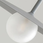 Close-up of a modern pendant light featuring a frosted glass globe partially covered by a flat, angled gray metal shade. The fixture is mounted on a gray metal rod against a neutral background.