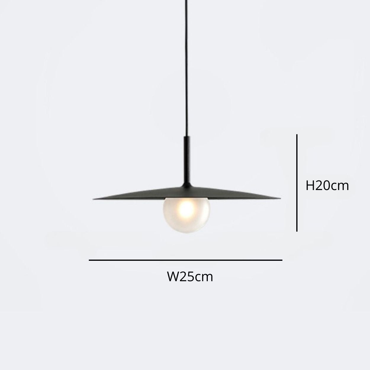 Minimalist pendant light with a wide, flat black shade and a round bulb underneath. Dimensions are labeled: height 20 cm and width 25 cm. The lamp hangs from a thin black cord.