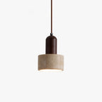 A modern pendant light featuring a cylindrical concrete shade and dark metal top, suspended by a thin cord against a plain white background.