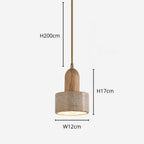 A pendant light with a cylindrical stone and wood shade, measuring 17cm in height and 12cm in width, hangs elegantly from a 200cm long cord against a plain white background.