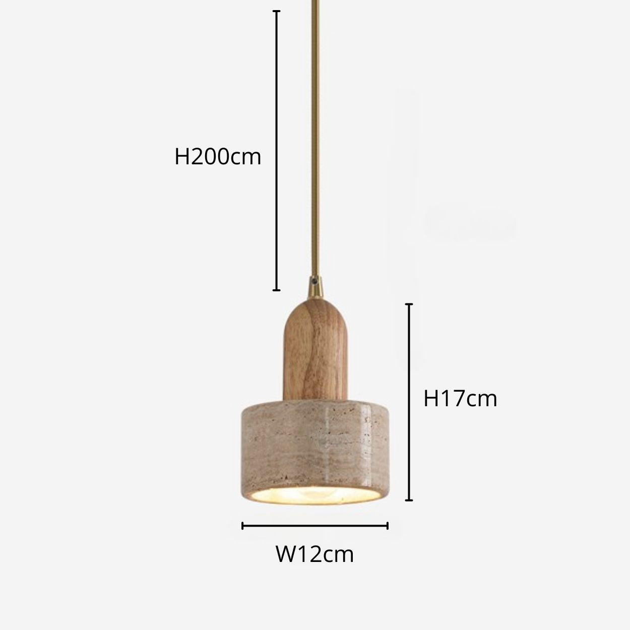 A pendant light with a cylindrical stone and wood shade, measuring 17cm in height and 12cm in width, hangs elegantly from a 200cm long cord against a plain white background.