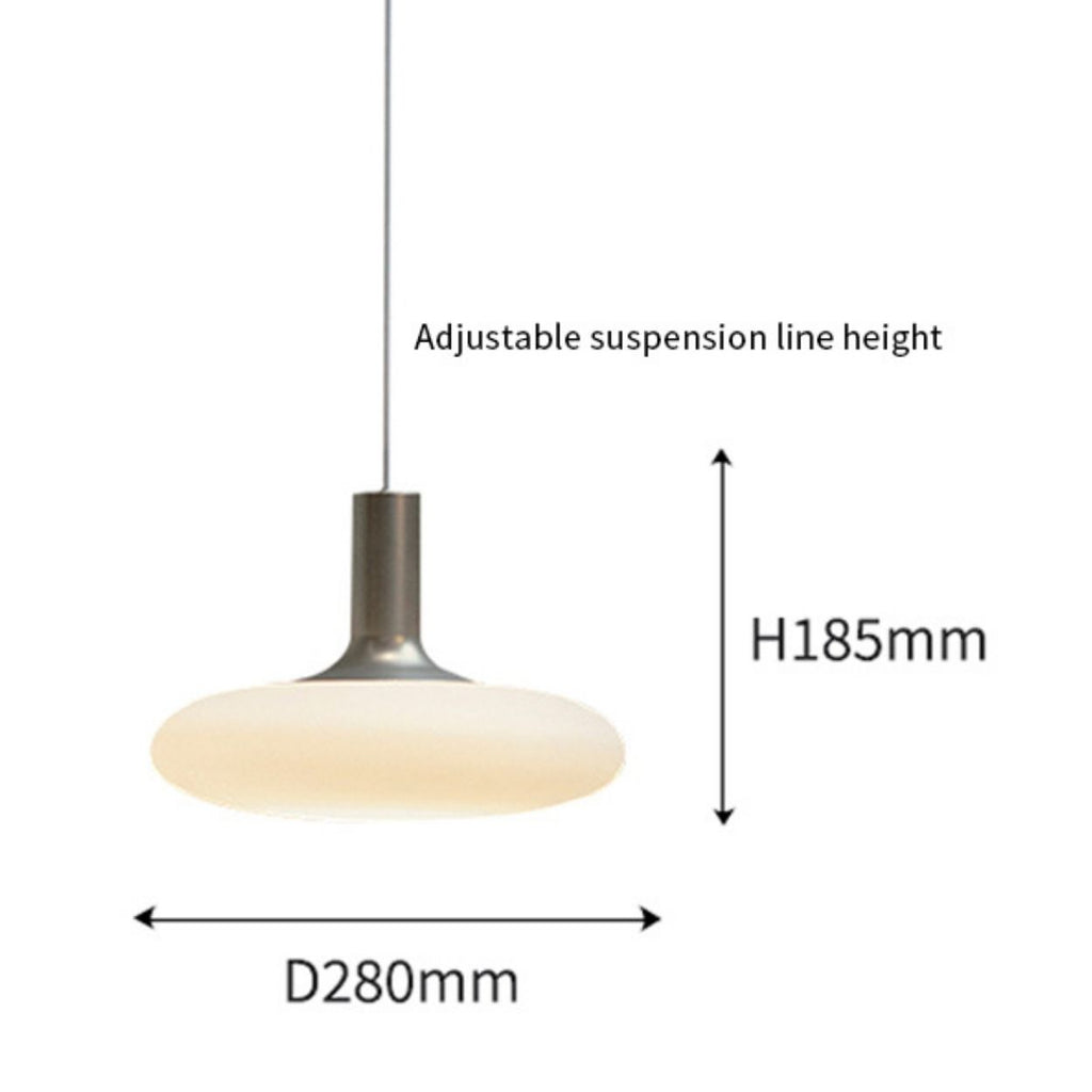 A pendant light with a round white shade, a metal fixture, and an adjustable suspension line. The light has a height of 185mm and a width of 280mm, as indicated by labeled arrows.