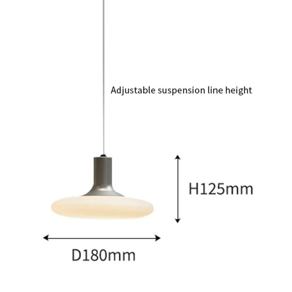 A modern pendant light with adjustable suspension, shown with dimensions: 180mm wide (diameter) and 125mm high. The light hangs from a single cable.