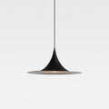 Minimalist black pendant light with a cone-shaped top and wide, flat bottom, suspended by a thin cord against a plain white background.