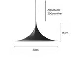 Black Pendant Light with a funnel-shaped shade, measuring 30cm wide and 15cm high, hanging from an adjustable wire up to 200cm long. Simple white background with labeled measurements.