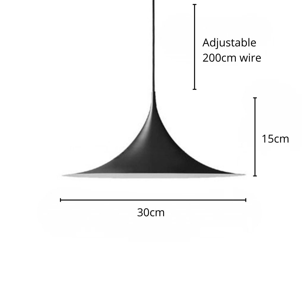 Black Pendant Light with a funnel-shaped shade, measuring 30cm wide and 15cm high, hanging from an adjustable wire up to 200cm long. Simple white background with labeled measurements.