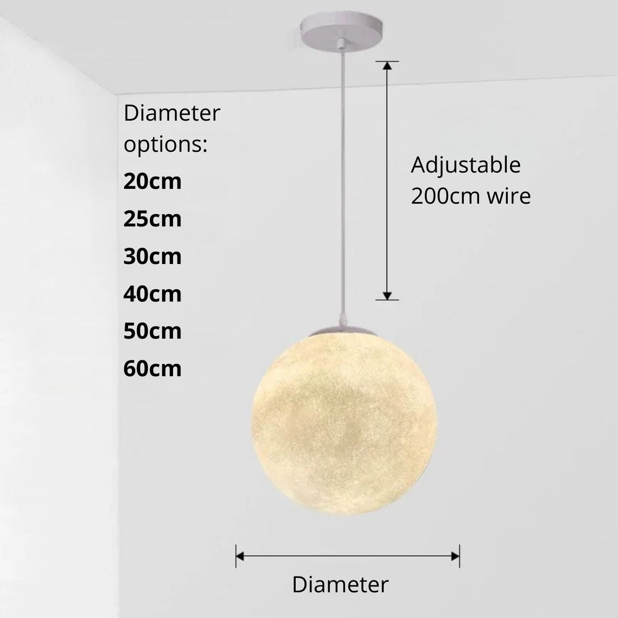 A modern Pendant Light hangs from the ceiling by an adjustable 200cm wire. Available in diameters of 20cm, 25cm, 30cm, 40cm, 50cm, and 60cm, this glowing fixture enhances any minimal room with soft illumination.
