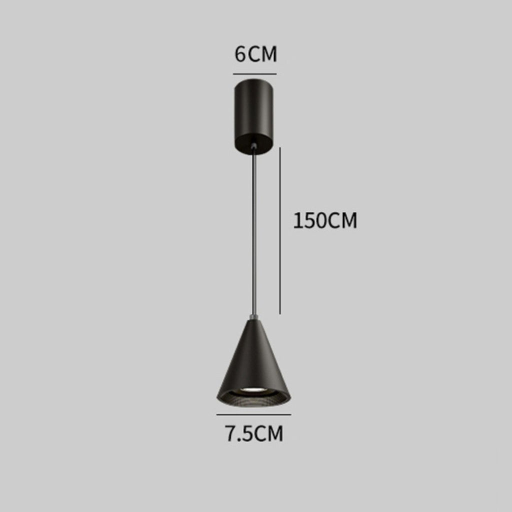 Minimalist black pendant light with a conical shade. The ceiling mount is 6 cm wide, the cord is 150 cm long, and the shade is 7.5 cm wide, all shown against a plain grey background.