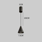 Minimalist black pendant light with a conical shade. The ceiling mount is 6 cm wide, the cord is 150 cm long, and the shade is 7.5 cm wide, all shown against a plain grey background.