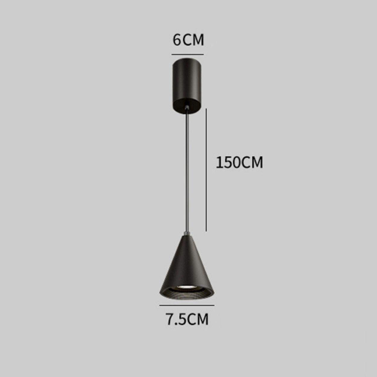 Minimalist black pendant light with a conical shade. The ceiling mount is 6 cm wide, the cord is 150 cm long, and the shade is 7.5 cm wide, all shown against a plain grey background.