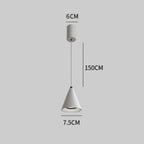 Minimalist cone-shaped white pendant light with measurements: 6 cm diameter ceiling mount, 7.5 cm diameter lampshade base, and 150 cm hanging cord, shown against a plain gray background.