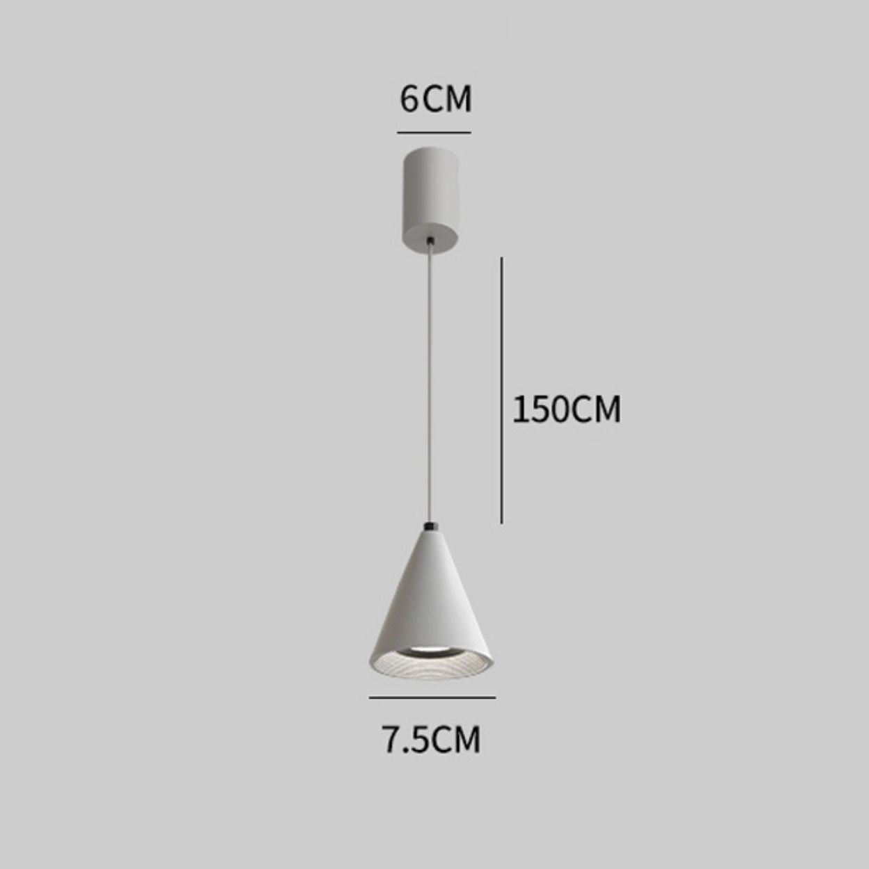 Minimalist cone-shaped white pendant light with measurements: 6 cm diameter ceiling mount, 7.5 cm diameter lampshade base, and 150 cm hanging cord, shown against a plain gray background.