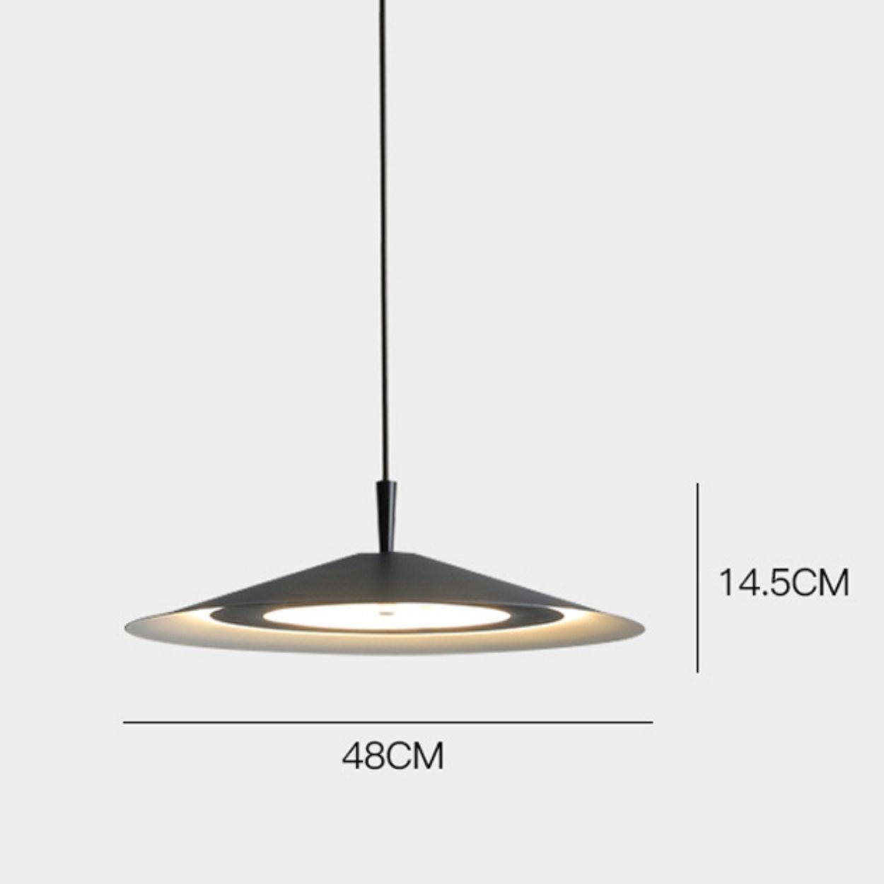 A modern Pendant Light hangs from a thin cord, featuring a circular design with a black, flat, wide shade and a glowing inner ring. Dimensions are 48 cm wide and 14.5 cm tall.