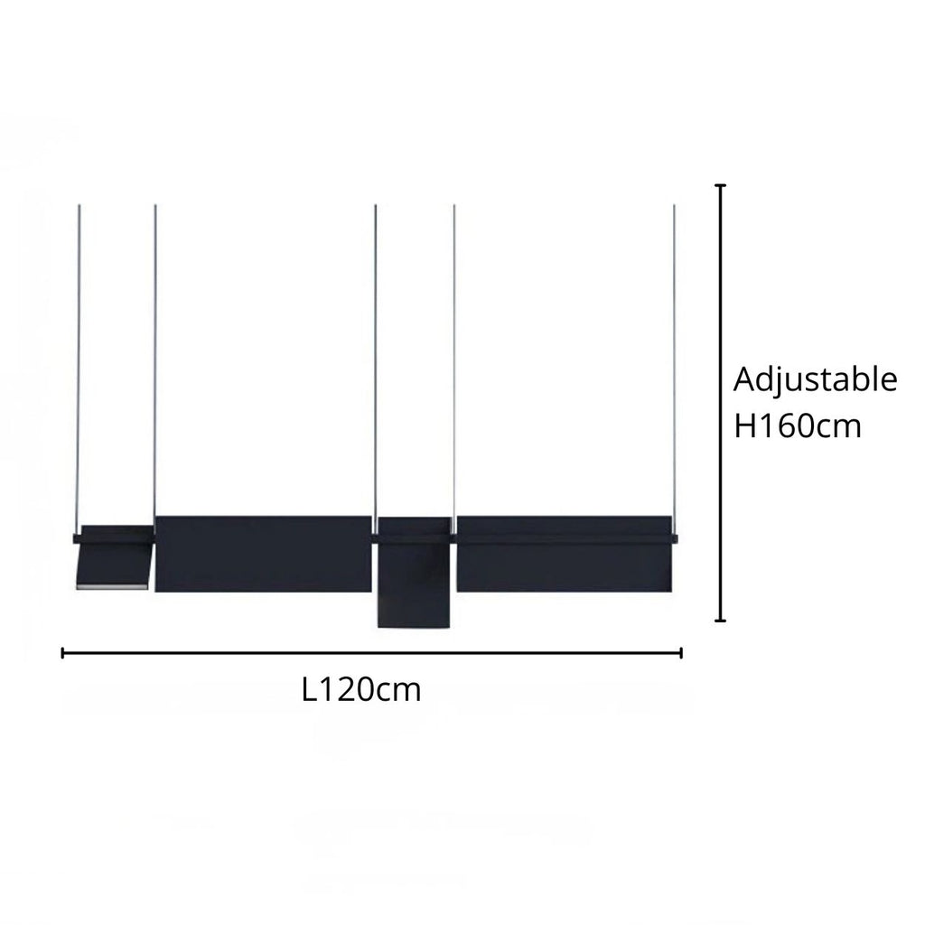 Minimalist black rectangular pendant light fixture with three hanging sections, suspended by thin cords. This sleek pendant light measures 120 cm in length with an adjustable height up to 160 cm. Set against a white background.