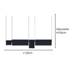 Minimalist black rectangular pendant light fixture with three hanging sections, suspended by thin cords. This sleek pendant light measures 120 cm in length with an adjustable height up to 160 cm. Set against a white background.