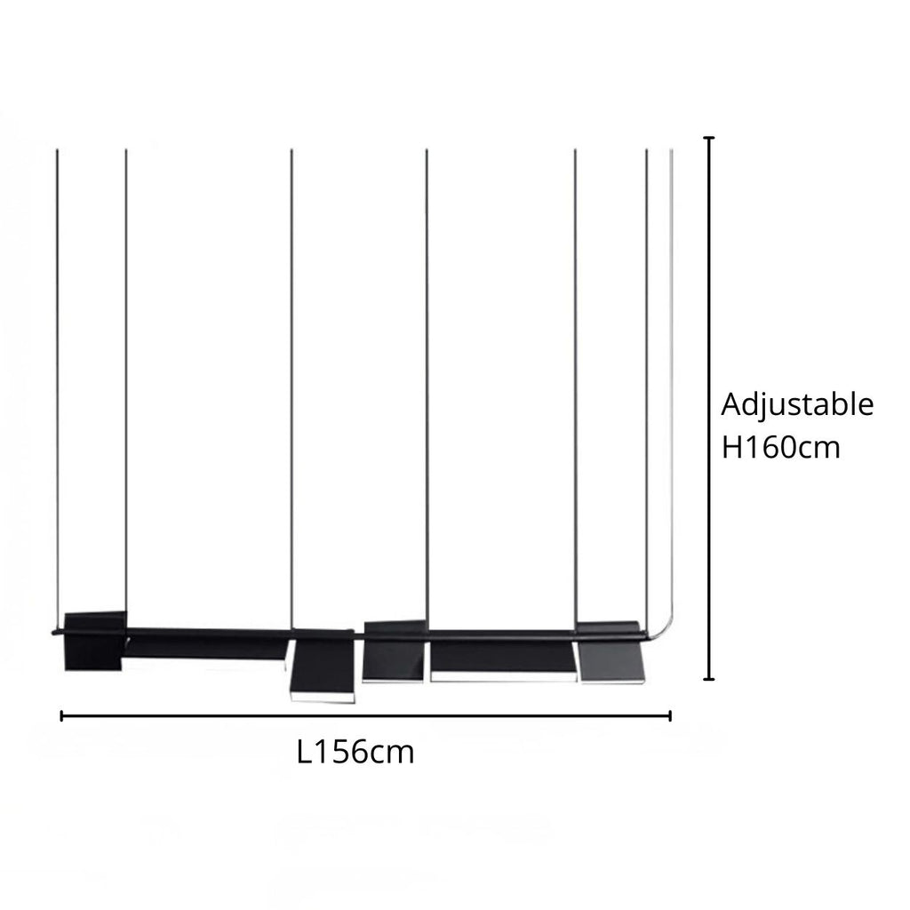 Diagram of a rectangular frame with a length of 156 cm and an adjustable height of 160 cm, ideal for suspending a pendant light. Depicted with thin vertical and horizontal lines and labeled measurements.