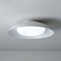 A modern, circular ceiling light fixture in white is mounted on a plain white ceiling, emitting a soft, diffused glow.