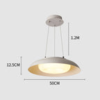 Pendant Light featuring a wide, round white shade, suspended by three wires from a circular ceiling mount. Dimensions: 1.2 meters height, 50 centimeters wide, with a 12.5-centimeter tall shade.