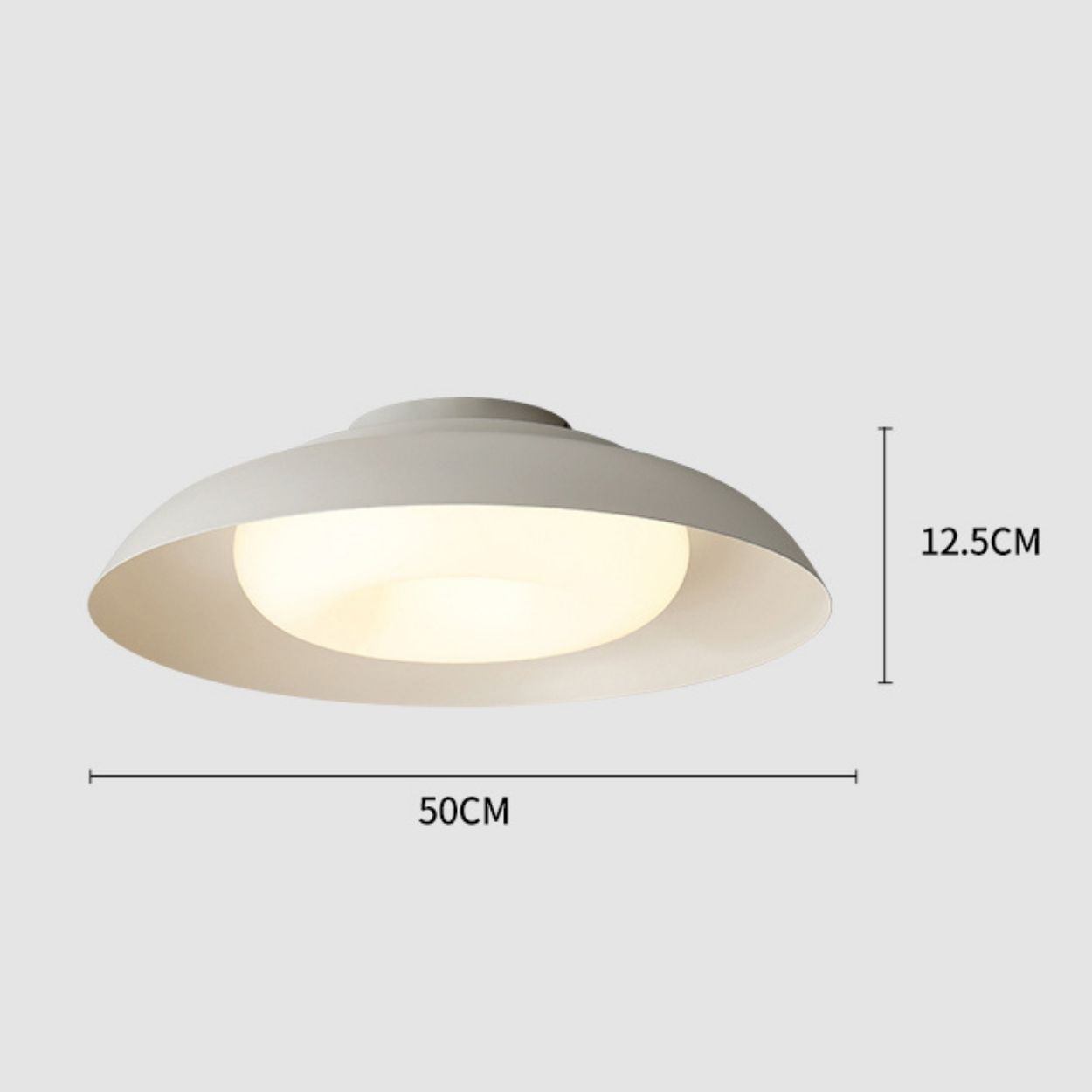 Minimalist white ceiling light fixture with a circular, dome-shaped design. The ceiling light measures 50 cm wide and 12.5 cm high, casting a soft, inviting glow when illuminated.