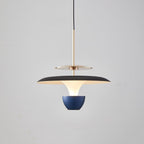 A modern pendant light luxury fixture featuring a black and gold circular shade, white inner diffuser, and blue bowl-shaped accent, elegantly suspended from a black cord against a plain light gray background.