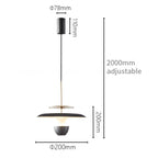 Minimalist hanging pendant lamp with a black cylindrical ceiling mount (78mm diameter, 110mm height), an adjustable cord (up to 2000mm), and a round lamp shade (200mm diameter, 200mm height).