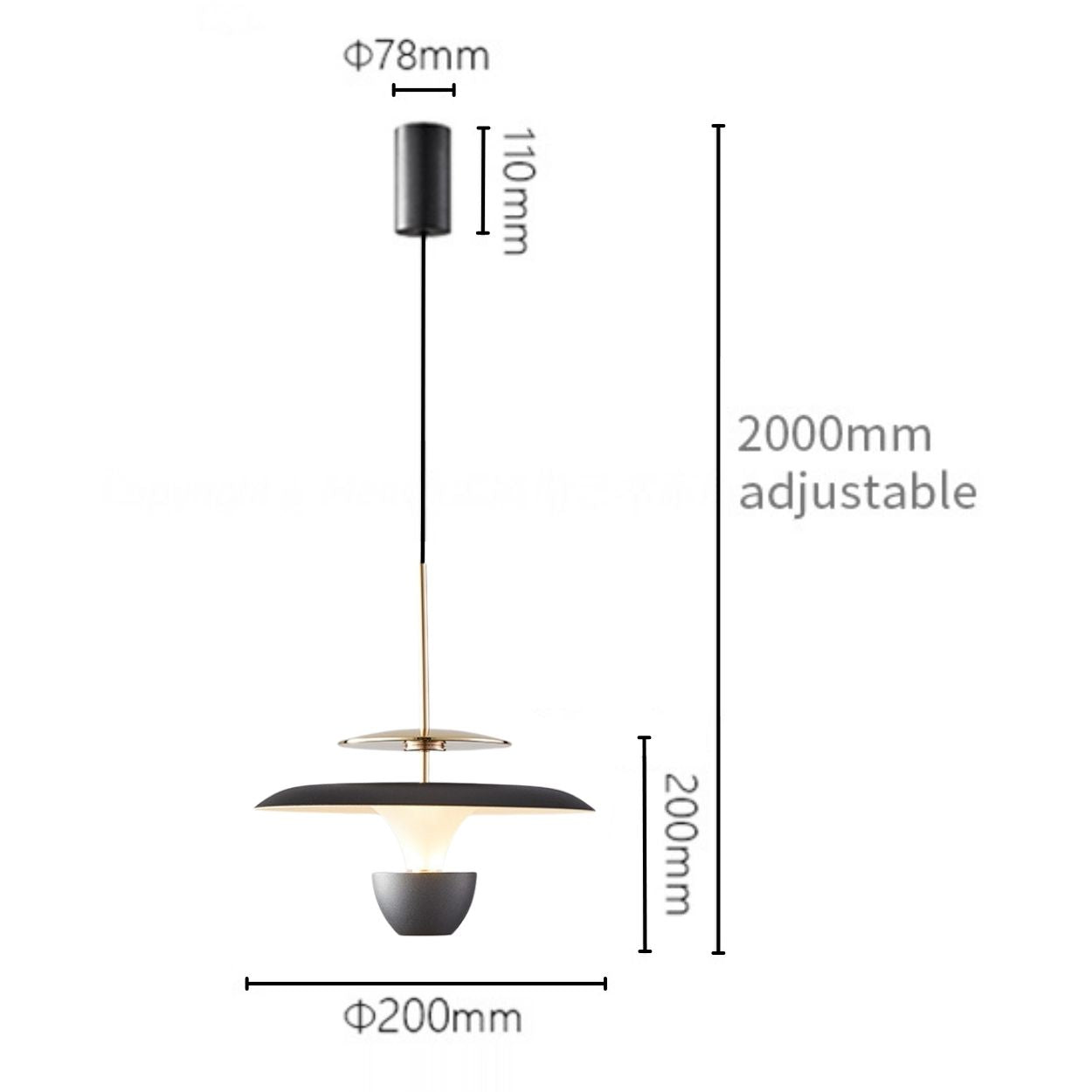 Minimalist hanging pendant lamp with a black cylindrical ceiling mount (78mm diameter, 110mm height), an adjustable cord (up to 2000mm), and a round lamp shade (200mm diameter, 200mm height).
