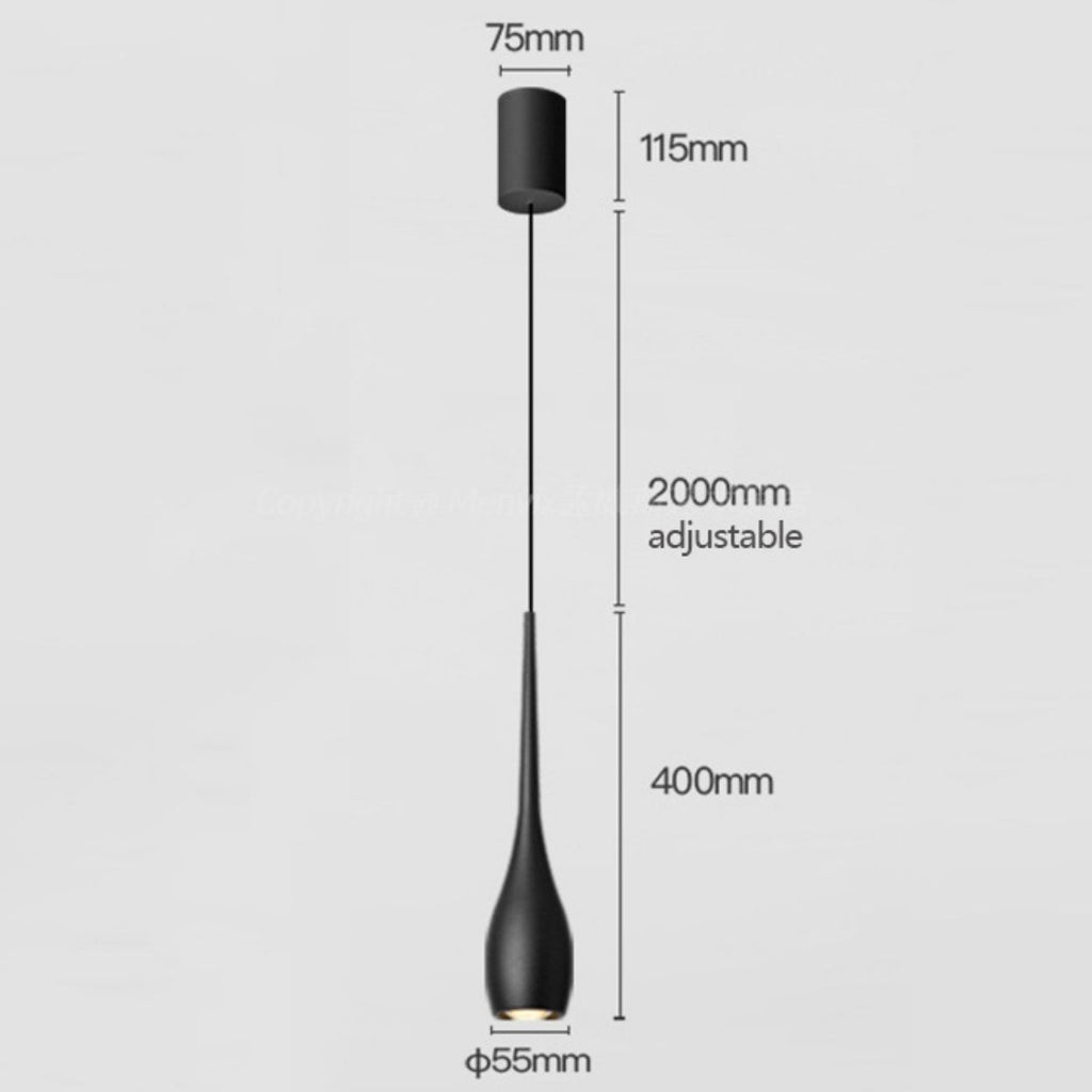This black pendant light features a slim, elongated teardrop shape. Its base measures 75mm by 115mm, with an adjustable cord up to 2000mm. The pendant light body is 400mm long and has a diameter of 55mm.