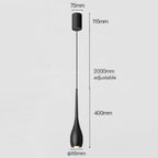 This black pendant light features a slim, elongated teardrop shape. Its base measures 75mm by 115mm, with an adjustable cord up to 2000mm. The pendant light body is 400mm long and has a diameter of 55mm.
