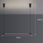 This minimalist black pendant light hangs elegantly from the ceiling, suspended by two cables. The horizontal pendant light bar spans 80 cm wide, with a 100 cm distance from the ceiling to the bar, perfect for modern interiors.