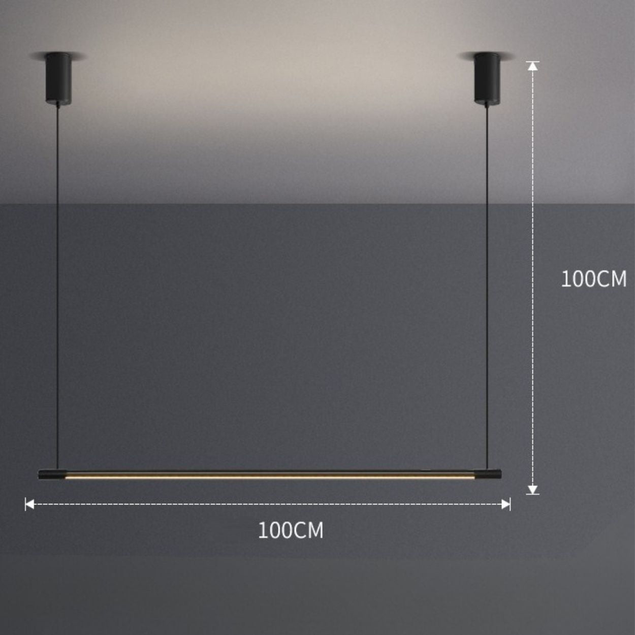 A minimalist black pendant light hangs from the ceiling with two vertical cables, each 100 cm long, and a horizontal pendant light bar 100 cm wide. The dimensions are marked with white lines and text on a dark background.