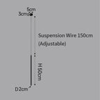 Diagram of a pendant light with a vertical suspension wire labeled “150cm (Adjustable),” and a hanging section marked “H 50cm” and “D 2cm.” Top clearance measures 5cm by 3cm.