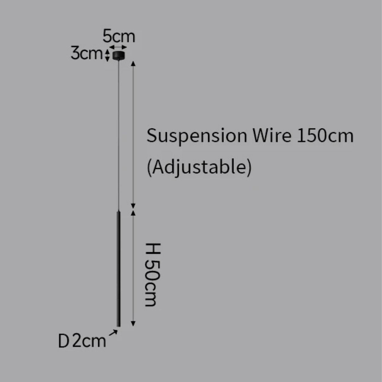 Diagram of a pendant light with a vertical suspension wire labeled “150cm (Adjustable),” and a hanging section marked “H 50cm” and “D 2cm.” Top clearance measures 5cm by 3cm.