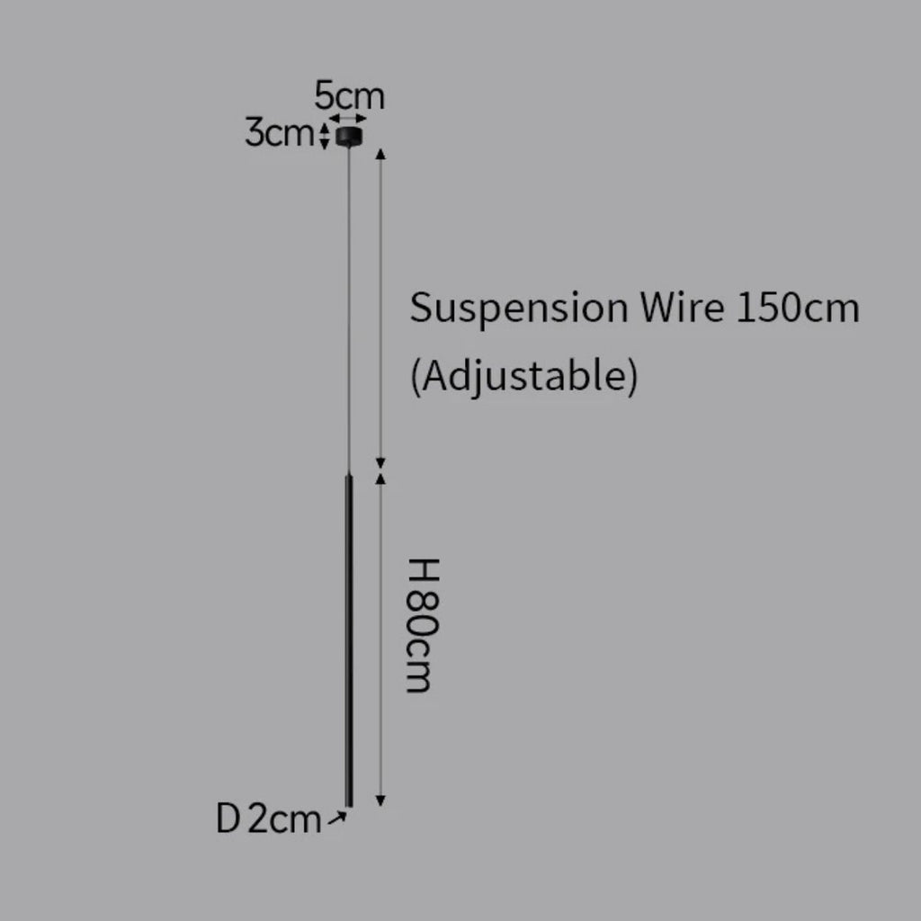 Diagram showing a vertical suspension wire labeled 150 cm (adjustable), supporting a pendant light with a horizontal bar at the top labeled 5 cm by 3 cm, and the main vertical section labeled H 80 cm, diameter 2 cm.