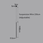 Diagram showing a vertical suspension wire labeled 150 cm (adjustable), supporting a pendant light with a horizontal bar at the top labeled 5 cm by 3 cm, and the main vertical section labeled H 80 cm, diameter 2 cm.