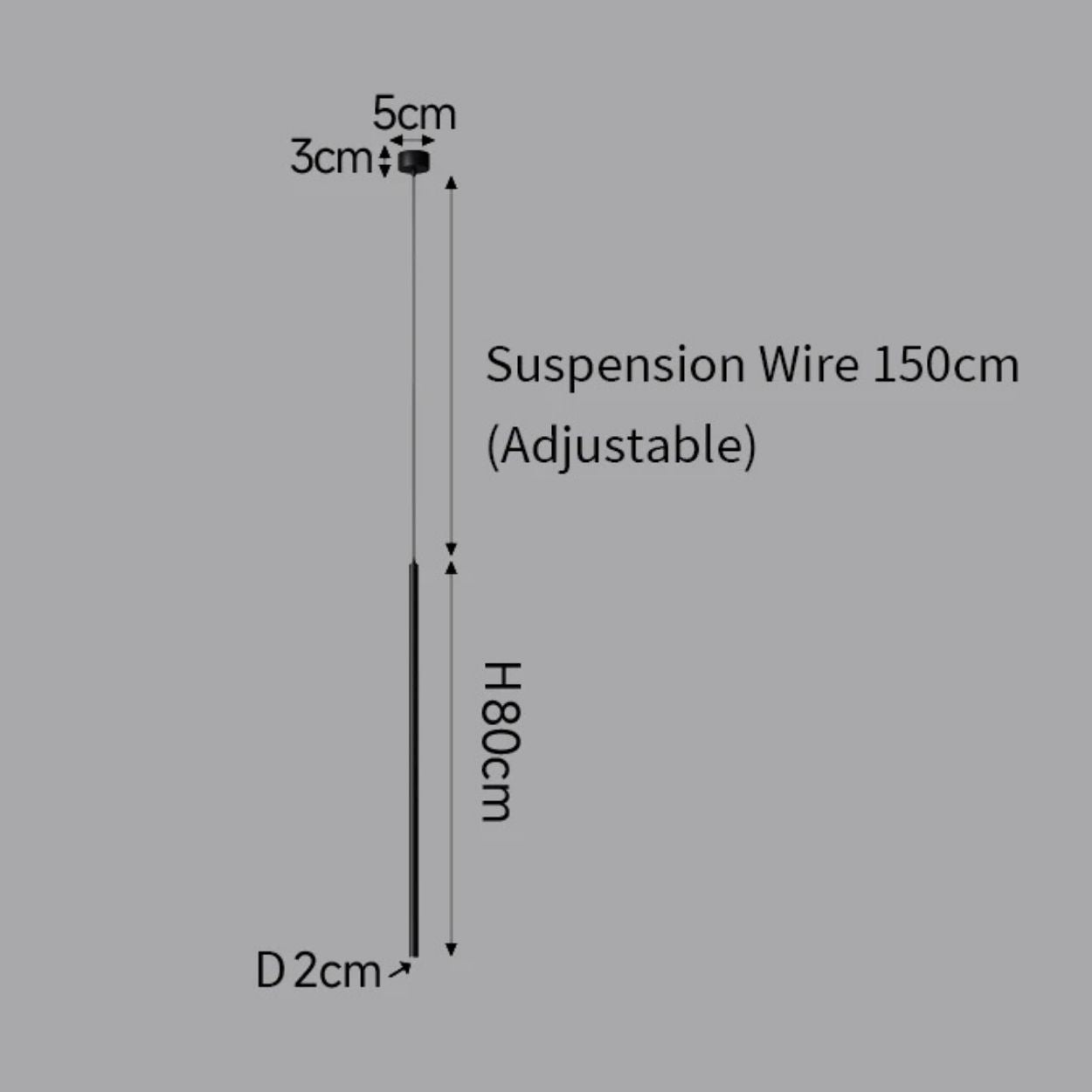 Diagram showing a vertical suspension wire labeled 150 cm (adjustable), supporting a pendant light with a horizontal bar at the top labeled 5 cm by 3 cm, and the main vertical section labeled H 80 cm, diameter 2 cm.