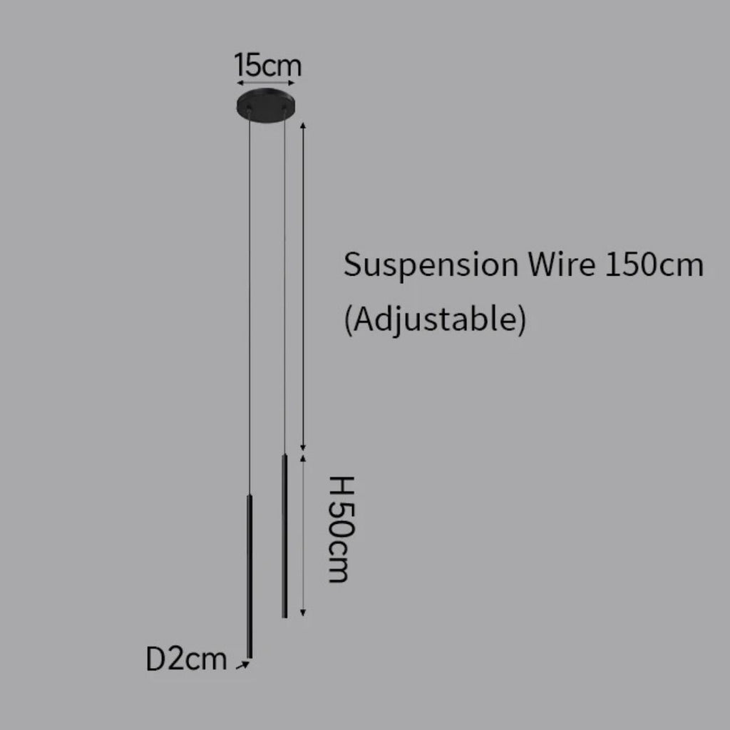 Diagram showing a vertical suspension wire (150 cm, adjustable) with a Pendant Light. The cylindrical object has a diameter of 2 cm (D2cm), height of 50 cm (H50cm), and ceiling mount diameter of 15 cm (15cm).