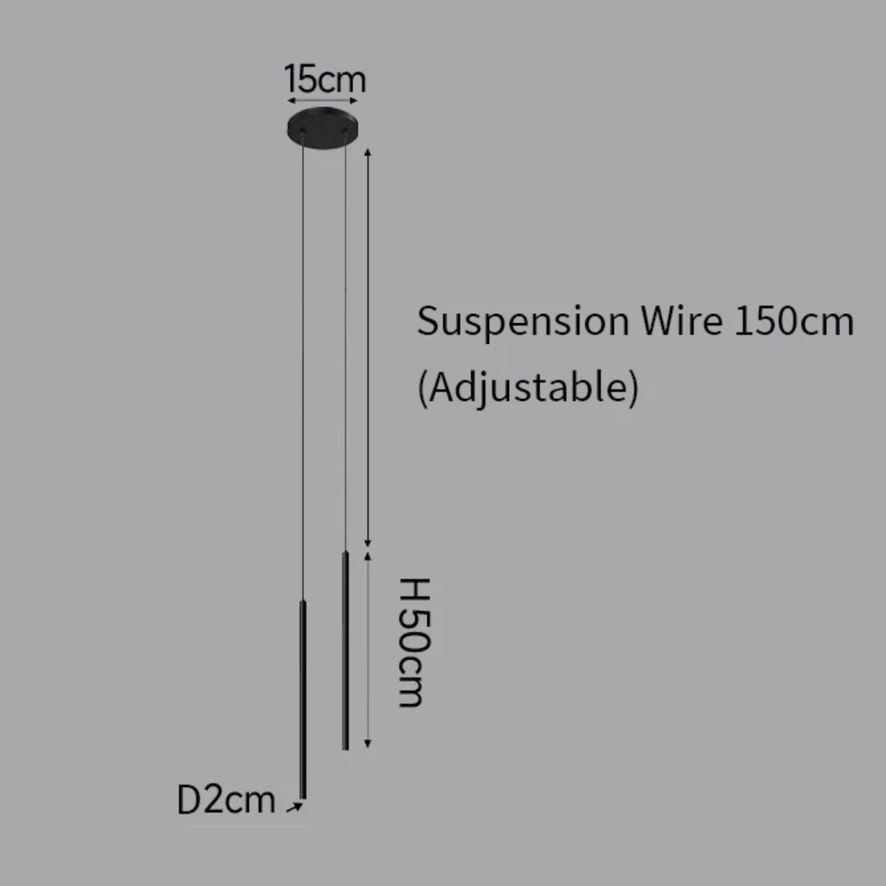 Diagram showing a vertical suspension wire (150 cm, adjustable) with a Pendant Light. The cylindrical object has a diameter of 2 cm (D2cm), height of 50 cm (H50cm), and ceiling mount diameter of 15 cm (15cm).